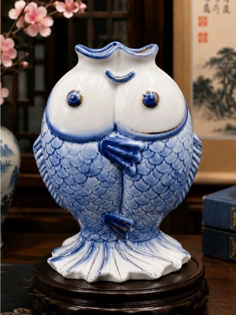 Mid-Century Modern Kissing Chinese Koi Fish Vase Figurine Blue White Porcelain